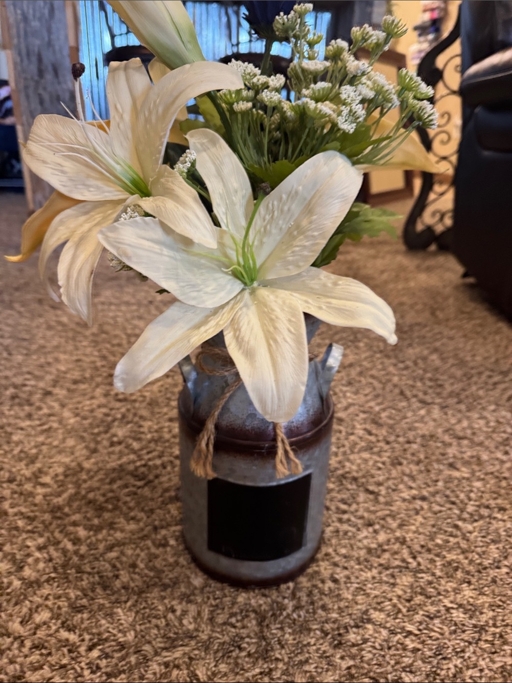 Rustic Metal Milk Can Vase with Cream Lily Arrangement, writable chalk area